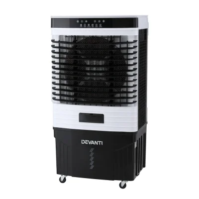 Devanti Evaporative Air Cooler, 60L, White/Blue, 61x42x120cm - 3-in-1 Cooler, Humidifier, Purifier