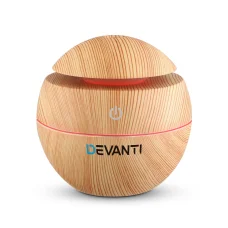 Devanti Aroma Diffuser 130ml Light Wood Grain, 4-in-1 Humidifier Purifier Night Light, 7-Colour LED, Ultrasonic Quiet