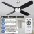 Devanti 52 Inch Black Ceiling Fan with DC Motor, 4 Blades, Remote, LED Light, Reversible Airflow & Timer