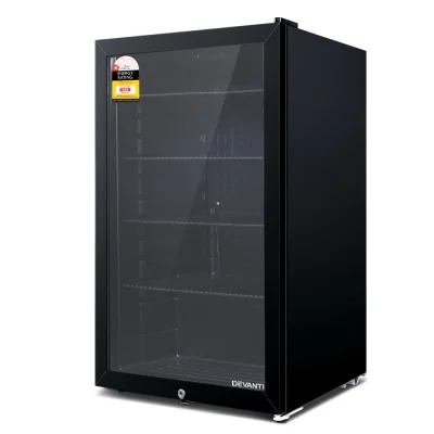 Devanti 98L Black Bar Fridge with Glass Door, Adjustable Shelves, LED Light, Lock, and Eco-Friendly Refrigerant