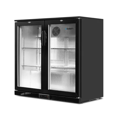 Devanti 198L Black Bar Fridge, Dual Glass Doors, LED Light, Adjustable Temp 2°C-10°C, Energy Efficient, Commercial Use