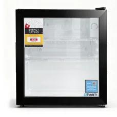 Devanti 40L Bar Fridge - Black Glass Door Mini Fridge, 6 Temp Settings, LED Light, Adjustable Shelves, Compact Design
