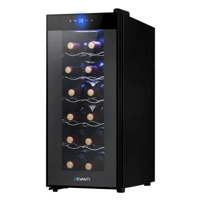 Devanti Wine Fridge Cooler, Thermoelectric, 12 Bottle Capacity, Black, 50x25.3x64.5cm, UV-Resistant, Silent Operation