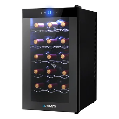 Devanti Wine Fridge Cooler, Thermoelectric, 18 Bottles, Black, 50L, Silent Operation, UV-Resistant Glass Door