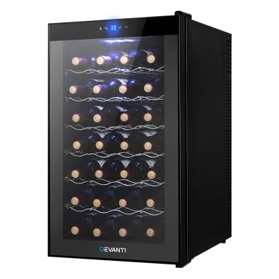 Devanti Wine Fridge Cooler, Thermoelectric, 28-Bottle Capacity, Black, 43x52x74.5cm, UV-Resistant, Silent Operation