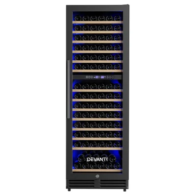 Devanti Dual Zone Wine Fridge Cooler 154 Bottle Capacity, Wooden Shelves, UV Glass Door, Digital Control, Black