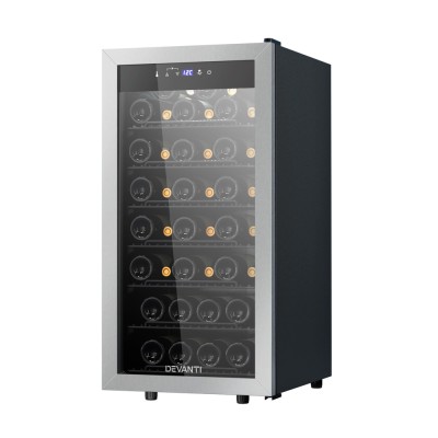 Devanti 42-Bottle Wine Fridge Cooler - UV Glass, LED Lighting, Silent Compressor, No Frost, Black, 87cm x 59cm x 55cm