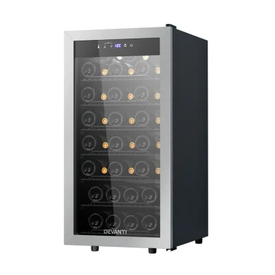 Devanti 42-Bottle Wine Fridge Cooler - UV Glass, LED Lighting, Silent Compressor, No Frost, Black, 87cm x 59cm x 55cm