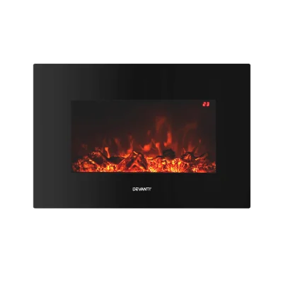 Devanti Electric Fireplace Heater, Metal & Tempered Glass, Black, 66cm x 44cm, 2000W, 3D Flame, Wall Mountable