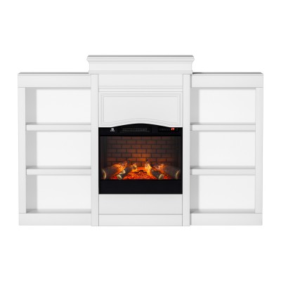 Devanti 2000W Electric Fireplace Heater, White, MDF & Glass, 6-Shelf Storage, 3D Flame, Thermostat, Remote Control