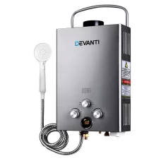 Devanti Portable Gas Water Heater 8L/Min with LED Display, 12V Pump, LPG System, Adjustable Temp, Grey, Outdoor Use