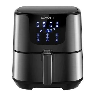 Devanti 7L Air Fryer - Black Stainless Steel, LCD Touch Control, Oil-Free Cooking, 8 Presets, 1700W Power