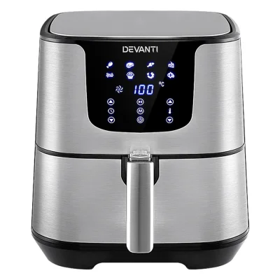 Devanti 7L Air Fryer with LCD Touch Control, Stainless Steel, 1700W Powerful 8-in-1 Cooking, Dishwasher Safe