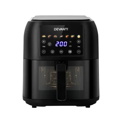 Devanti Air Fryer, Non-Stick 8L, Black, 1700W LCD Touch Control, Oil-Free Cooking with 7 Presets and Dishwasher-Safe