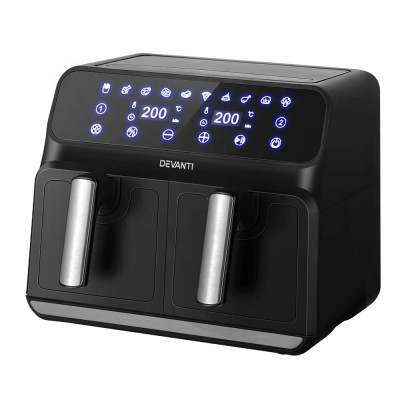 Devanti Air Fryer, Stainless Steel, 8L Dual Zone, Black & Silver, 1700W, Oil-Free Cooking, LCD Touch Control Panel