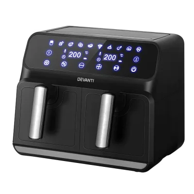 Devanti Air Fryer, Stainless Steel, 8L Dual Zone, Black & Silver, 1700W, Oil-Free Cooking, LCD Touch Control Panel Devanti Air Fryer, Stainless Steel, 8L Dual Zone, Black & Silver, 1700W, Oil-Free Cooking, LCD Touch Control Panel