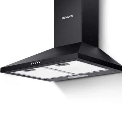 Devanti Range Hood, Powder-Coated Steel, 600mm, Black, 3-Speed, LED Lamp, Strong Suction, Removable Filters
