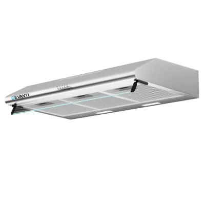 Devanti 90cm Stainless Steel Range Hood with Glass Visor, 3-Speed Fan, LED Lights, and 5-Layer Grease Filter