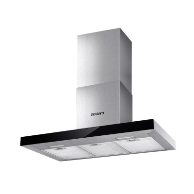 Devanti 900mm Range Hood - 90cm Wall Mounted, Black Tempered Glass, 3-Speed Touch Control, LED Lights, Strong Suction