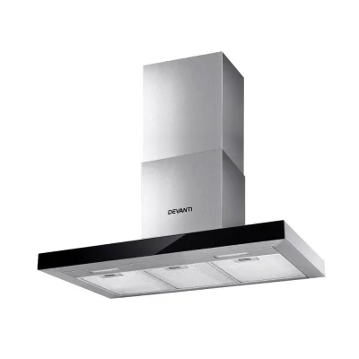 Devanti 900mm Range Hood - 90cm Wall Mounted, Black Tempered Glass, 3-Speed Touch Control, LED Lights, Strong Suction