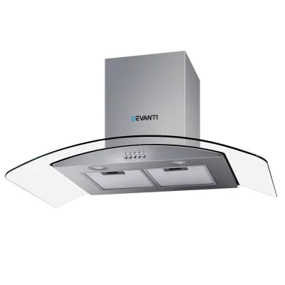 Devanti 900mm Wall Mounted Range Hood with Stainless Steel & Tempered Glass, 3-Speed, LED Lights & Filter Indicator