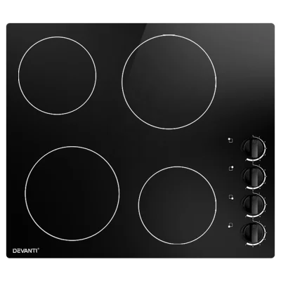 Devanti Electric Ceramic Cooktop, 60cm, Black Glass, 6000W, 4 Cooking Zones, LED Display, Overheat Protection