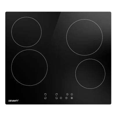 Devanti 60cm Electric Ceramic Cooktop, Touch Control, 4 Cooking Zones, 9 Power Levels, Safety Features, Black Glass
