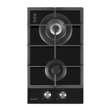 Devanti 30cm 2 Burner Gas Cooktop, Black Tempered Glass, Cast Iron Grates, Easy Ignition, LPG Compatible, 4.3kW Power