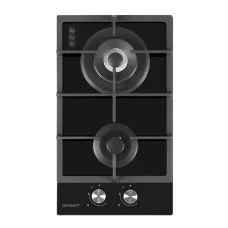 Devanti 30cm 2 Burner Gas Cooktop, Black Tempered Glass, Cast Iron Grates, Easy Ignition, LPG Compatible, 4.3kW Power