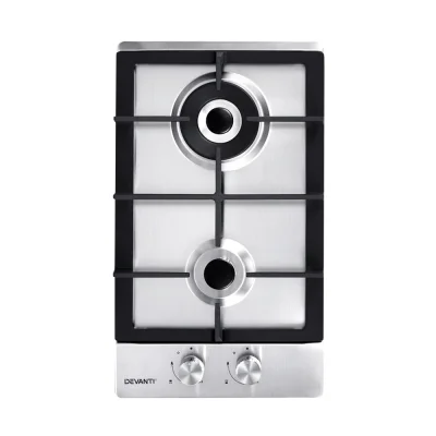 Devanti 30cm 2 Burner Gas Cooktop - Stainless Steel, Easy Ignition, Safety Features, LPG/Natural Gas Compatible