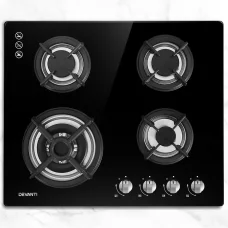 Devanti 60cm Gas Cooktop 4 Burner Black Tempered Glass Surface with Cast Iron Grates, LPG Conversion Kit Included