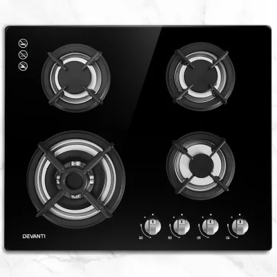 Devanti 60cm Gas Cooktop 4 Burner Black Tempered Glass Surface with Cast Iron Grates, LPG Conversion Kit Included
