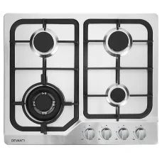 Devanti 60cm Gas Cooktop 4 Burner Stainless Steel, Cast Iron Grates, Wok Burner, Safety Lock, LPG Compatible