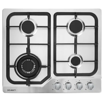 Devanti 60cm Gas Cooktop 4 Burner Stainless Steel, Cast Iron Grates, Wok Burner, Safety Lock, LPG Compatible