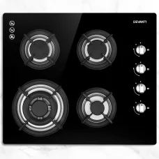 Devanti 60cm Black Tempered Glass Gas Cooktop Stove Hob with 4 Burners, Cast Iron Grates, LPG Conversion Kit Included