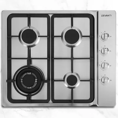 Devanti 60cm Gas Cooktop Stove Hob Silver Stainless Steel 4 Burners Wok Semi-Rapid LPG Conversion Kit Included