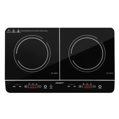 Devanti Induction Cooktop, Black Ceramic Glass, 60cm, Portable Cooker with 2 Zones, Touch Control, 3500W Power