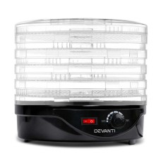 Devanti 5-Tray Food Dehydrator, Adjustable Temperature, Food-Grade Plastic, Beef Jerky Fruit Dryer, Black