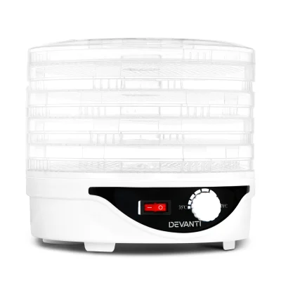 Devanti 5 Trays Food Dehydrator White, Adjustable Temperature, Food Grade Plastic, Quiet Operation, 245W Jerky Dryer