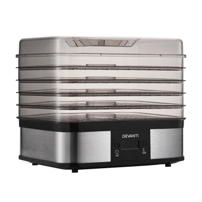 Devanti Food Dehydrator, Stainless Steel, 5 Trays, Silver - Nutrient-Rich Drying with Quiet, Energy-Saving Operation