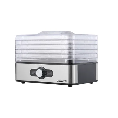 Devanti 5-Tray Food Dehydrator - Stainless Steel, 360° Airflow, Adjustable Temperature 35-70℃, Quiet Operation