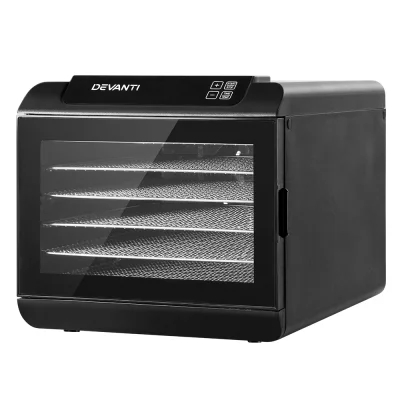 Devanti 6-Tray Food Dehydrator, Stainless Steel, LCD Control, Adjustable Thermostat, Commercial Fruit & Jerky Dryer