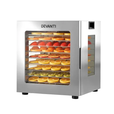 Devanti 10-Tray Stainless Steel Food Dehydrator with Glass Door, LED Controls, 850W, Adjustable Thermostat & Timer