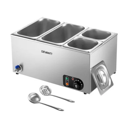 Devanti Commercial Food Warmer Bain Marie with 4 Stainless Steel Pans, Adjustable Thermostat, 1200W, 91cm Buffet Server
