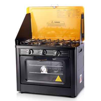 Devanti Portable Gas Oven and Stove, Stainless Steel, Black, 53.5x30x46cm, Outdoor Cooking, LPG, Twin Burners Devanti Portable Gas Oven and Stove, Stainless Steel, Black, 53.5x30x46cm, Outdoor Cooking, LPG, Twin Burners