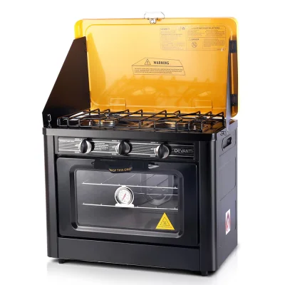 Devanti Portable Gas Oven and Stove, Stainless Steel, Black, 53.5x30x46cm, Outdoor Cooking, LPG, Twin Burners Devanti Portable Gas Oven and Stove, Stainless Steel, Black, 53.5x30x46cm, Outdoor Cooking, LPG, Twin Burners