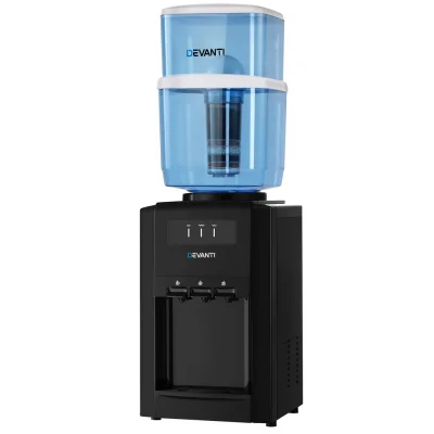 Devanti Countertop 22L Water Cooler Dispenser, 3-Tap, 7-Stage Filter, Hot/Cold/Room Temp, Black, Food-Grade Plastic