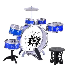 Keezi 11-Piece Kids Drum Set in Blue - Non-Toxic, EN71 Certified, Easy Assembly, Ages 3+, Includes Seat & Drum Sticks