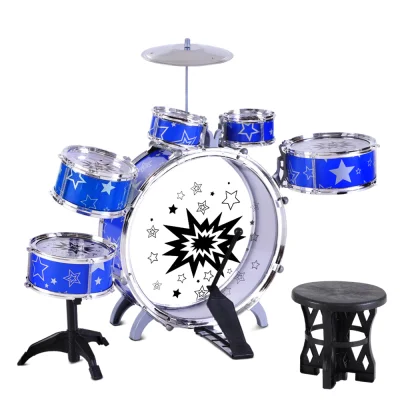 Keezi 11-Piece Kids Drum Set in Blue - Non-Toxic, EN71 Certified, Easy Assembly, Ages 3+, Includes Seat & Drum Sticks