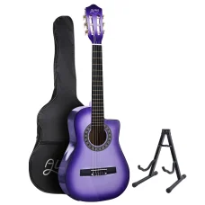 Alpha 34 Inch Classical Guitar, Laminated Linden, Purple, Nylon String, Beginner Set with Stand & Accessories